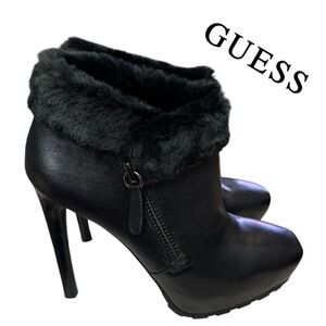 Guess Ivorie Women's Black Leather Fur Stiletto Ankle Boot Booties 8